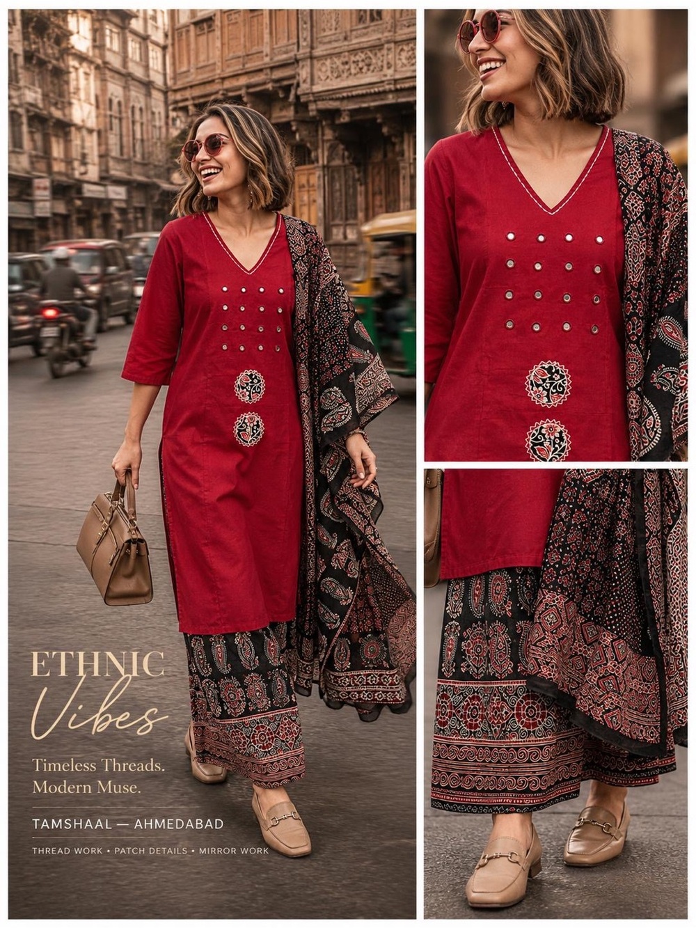 Tamshaai Red Kurta Set with Ajrakh Printed Palazzos and dupatta.